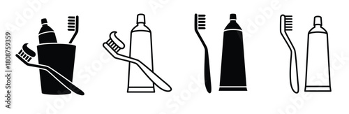 Set of 4 Tooth brush and tooth paste icon flat glyph style and outlined editable stroke, clipart design template