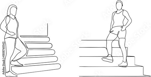 Woman exercising climbing stairs one line drawing vector