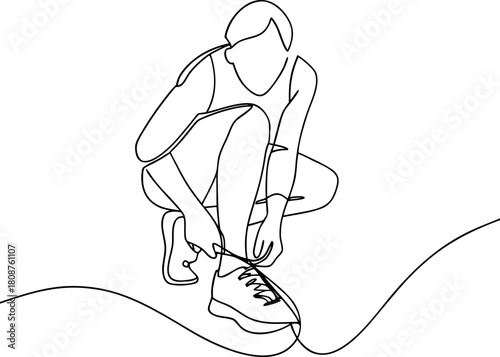 Woman runner tying shoelaces continuous line drawing