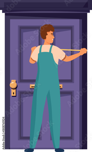 Carpenter taking measurements of a door frame using a measuring tape, preparing for installation or repair work