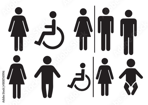  set of black silhouette icons for men women disabled