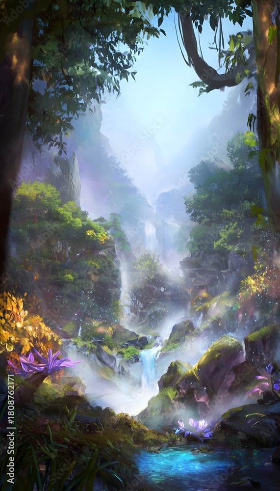 Naklejka premium Enchanting fantasy realm illustration magical woods waterfalls temples atmospheric concept art design