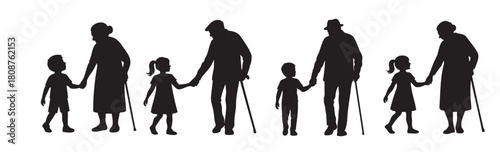 Set of black silhouette icons of grandparents walking hand in hand with grandchildren isolated on white background. Concept of family generations, childhood, elderly adults walking with children