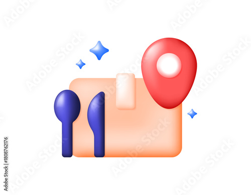 Food delivery service concept. Ordering food online. Illustration of a package box, spoon, knife, and location symbol. 3D style design. Icon, symbol, element, white background.