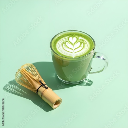A freshly prepared matcha green tea latte with beautiful heart latte art and a bamboo whisk