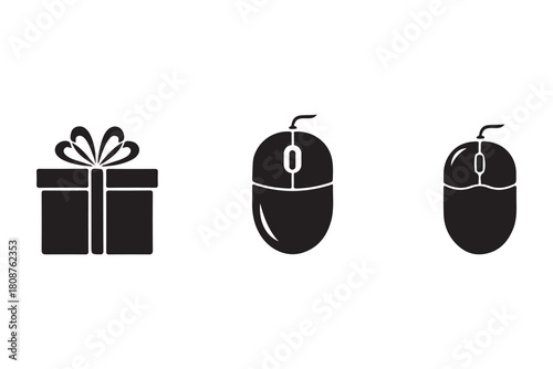 Three black silhouette icons of a gift box and two computer mice isolated on white background