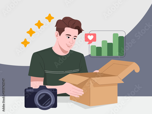 A cheerful young man joyfully unboxing a new camera, showcasing the excitement of new technology and the thrill that comes with discovering new tools for creativity.