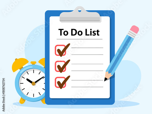 A visually appealing illustration of a to-do list with check marks, a clock, and a pencil, symbolizing organization and time management for productivity.