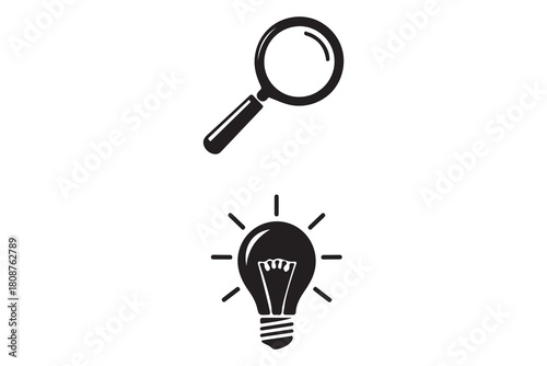 Magnifying glass and light bulb icons symbolizing research discovery innovation and problem solving isolated on white background
