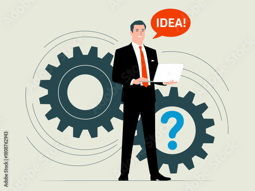 This illustration displays a businessman holding a laptop and expressing an idea, surrounded by gears, symbolizing innovation, thinking, and the mechanics of problem-solving.
