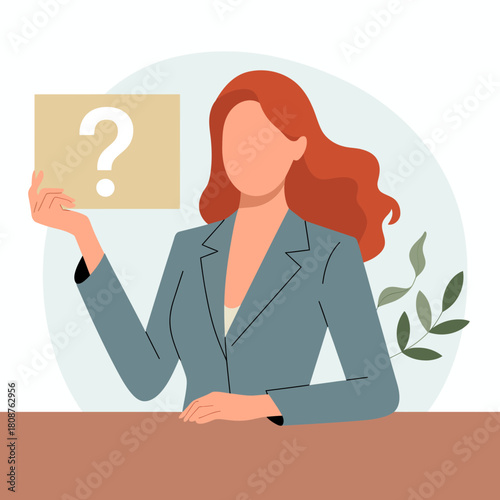 This conceptual image features a woman in a business suit holding a question mark sign, symbolizing inquiry, curiosity, and the quest for knowledge in a professional setting.