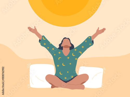 A beautifully illustrated scene showing a person embracing the morning sun with arms wide open, symbolizing positivity, mindfulness, and self-acceptance.