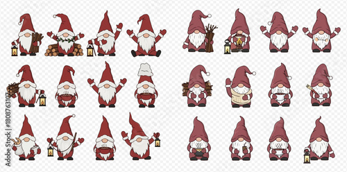 A large collection of cute cartoon gnomes with red hats and white beards in various poses, some holding bottles or hearts.