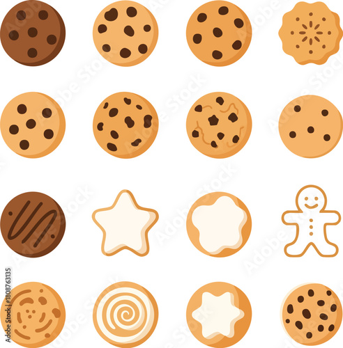 Flat lay of assorted cookies on a white background, featuring chocolate chip, gingerbread, and sugar cookies in various shapes and designs.