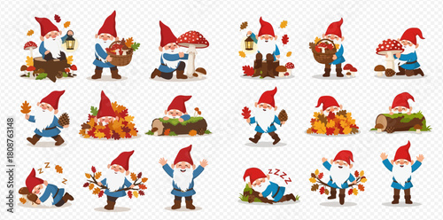 Collection of cute cartoon gnomes in various autumn activities with leaves and mushrooms on a transparent background.