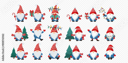 A collection of cute Christmas gnomes with festive accessories and striped hats.