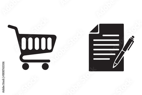Two black icons representing a shopping cart and a document with a pen isolated on white background