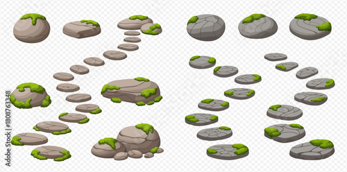 Cartoon illustration of various mossy stepping stones and garden rocks arranged in paths.