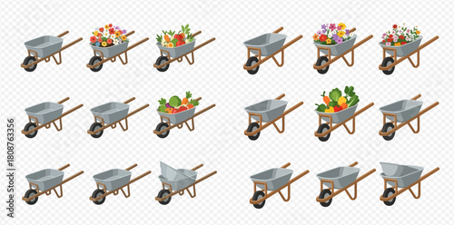 Set of garden wheelbarrows with different contents: empty, vibrant flowers, and fresh vegetables, isolated on a transparent background.