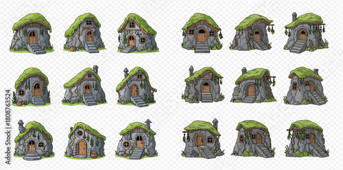 Collection of whimsical fantasy stone houses with mossy green roofs, perfect for a magical village or game asset.