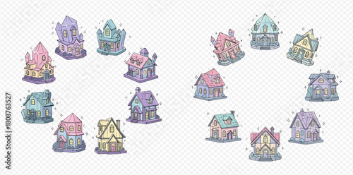 Two circular arrangements of whimsical, colorful fantasy houses with sparkling details on a transparent background.