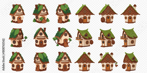 A collection of charming fantasy cartoon houses with green leafy roofs and wooden details, perfect for game assets or storybook illustrations.