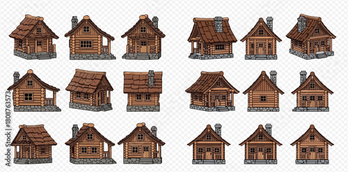 Collection of various isometric pixel art wooden houses and cabins with stone foundations and chimneys.