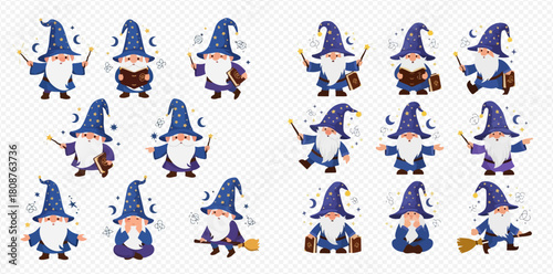Collection of adorable cartoon wizard gnomes in blue robes and star-patterned hats, holding wands, reading books, and riding brooms.