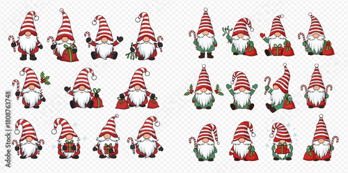 A collection of cute Christmas gnomes with striped hats, holding gifts and candy canes, in various festive poses.