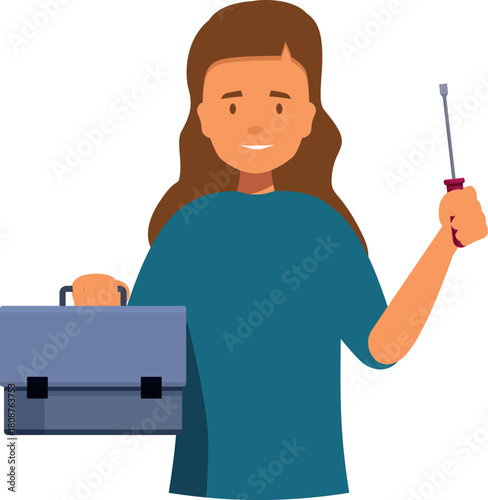 Female technician holding a toolbox and a screwdriver, ready to perform maintenance or repairs