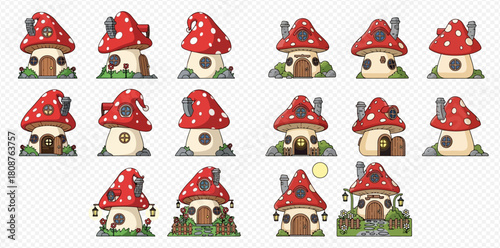 Collection of whimsical cartoon mushroom houses with red spotted roofs, doors, windows, and chimneys, set on grassy patches, in various fairytale styles.