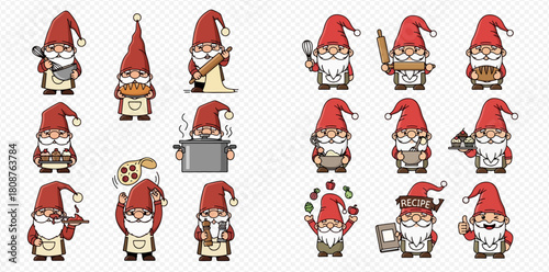 A collection of cute cartoon gnomes wearing red hats and aprons, engaged in various cooking and baking activities.