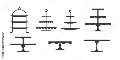  set of cake stands in flat icon style trays for fruit and dessert