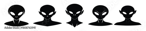 Set of Black silhouettes of alien heads isolated on white background. Humanoids. Concept of extraterrestrial, sci-fi design, space being. Graphic art. Icon, print, pictogram, logo, design element