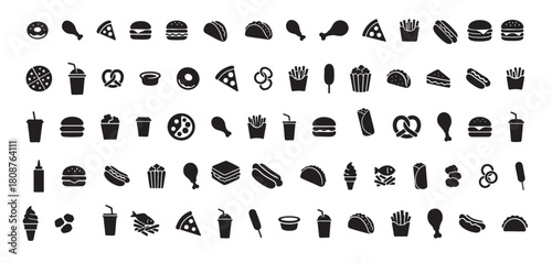 Set of Black silhouettes of diverse fast food items and beverages, isolated on white background concept of snacks, burgers, pizza, soft drinks, cafe, menu design, junk food, takeout menu, snack icons