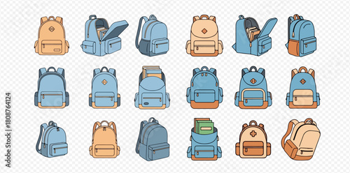 A collection of various school backpacks and travel bags in different styles and colors, some open with books, on a transparent background.