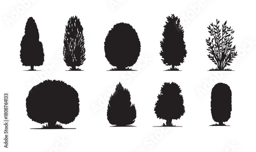 Set of black silhouettes of different trees and bushes isolated on white background, graphic illustration. concept of nature, garden design, landscape, logo, greenery decor