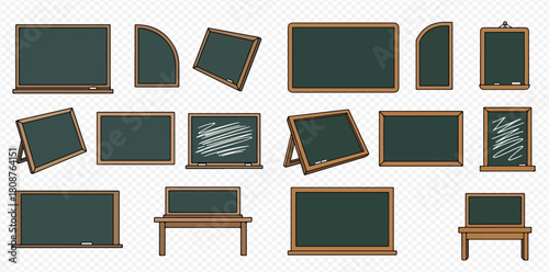 A collection of various green chalkboards and blackboards in different shapes and orientations.