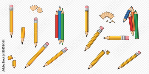 Cartoon vector illustration set of yellow and colored pencils, some sharpened, some broken, with wood shavings.