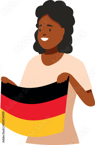 Smiling black woman proudly holding german flag, celebrating national pride, perhaps for german unity day or a sporting event