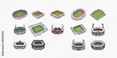 Collection of detailed isometric pixel art sports stadiums and arenas, showcasing various designs and architectural styles for games and events.