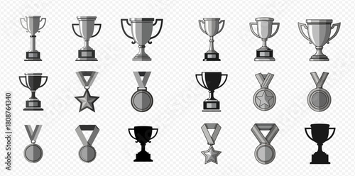A collection of various silver and gray trophies and medals on a transparent background, representing achievement and success.