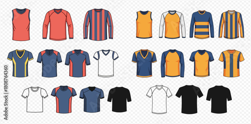 Collection of various athletic and casual t-shirts, jerseys, and tank tops in different colors and styles, suitable for sports or everyday wear.