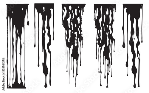 Set od Abstract Dripping Paints. Black ink flows down in long streams and drops. Flowing black liquid. Droplets. Dirty grunge texture. Vector illustration isolated on white background. Design elements