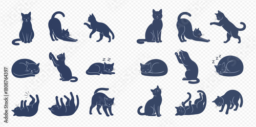 Collection of dark blue cat silhouettes in various poses on a transparent background.