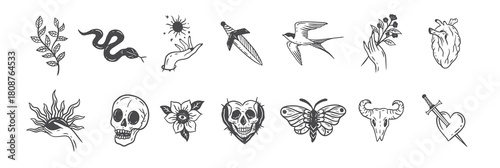 Set Collection Mystical Celestial Dark Holy Simple Minimalism Tattoo Clipart Symbol space doodle Esoteric elements vintage illustration