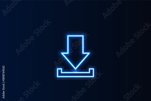Bright blue neon download arrow symbol on a dark background, representing data transfer and digital access
