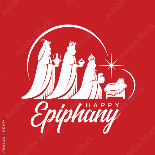 Happy Epiphany Day, Christian festival - White three wise men and baby jesus under star light and curve line on red background vector design