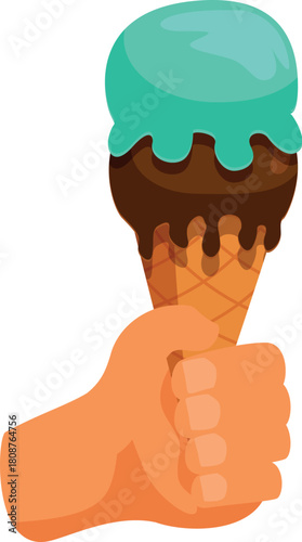 Hand firmly gripping a waffle cone with melting turquoise and chocolate ice cream scoops