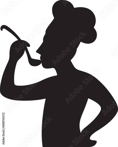 Chef silhouette tasting food from a ladle in the kitchen.
